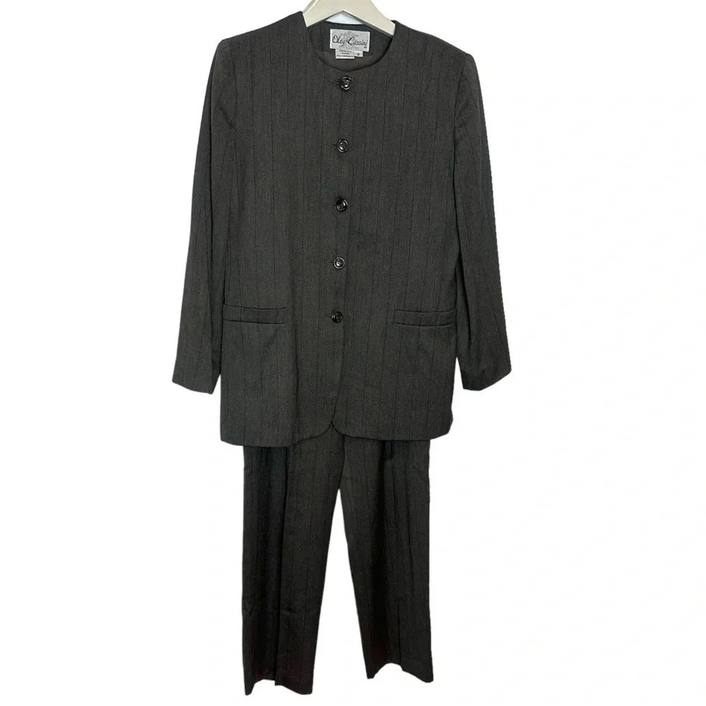 Oleg Cassini Womens Gray Pinstripe Blazer Pants Suit Set‎ Size 12